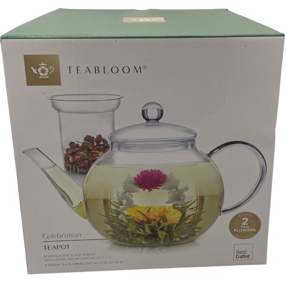 TEABLOOM 40oz teapot & loose tea glass infuser- New in box